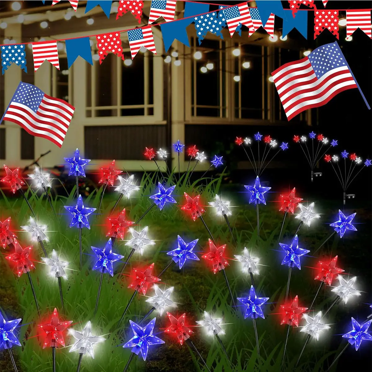 Solar Red White Blue Star Stake Lights 4th of July Outdoor Decorative Light Waterproof Swing Atmosphere New Year's Garland Lamp