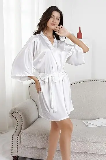 Women Silk Satin Short Night Robe Solid Kimono Robe Fashion Bath Robe Sexy Bathrobe Peignoir Femme Wedding Bride Bridesmaid Robe 3