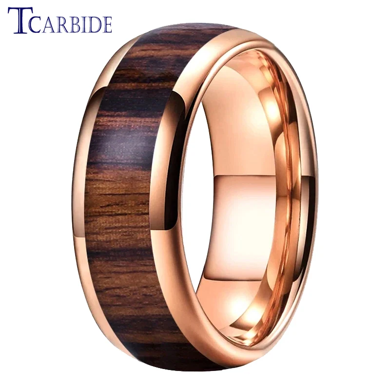 

Very Nice Rose Gold Color Guitar String Ring Men Women Comfortable Tungsten Domed Wedding Band Real Wood Inlay Fashion Jewelry