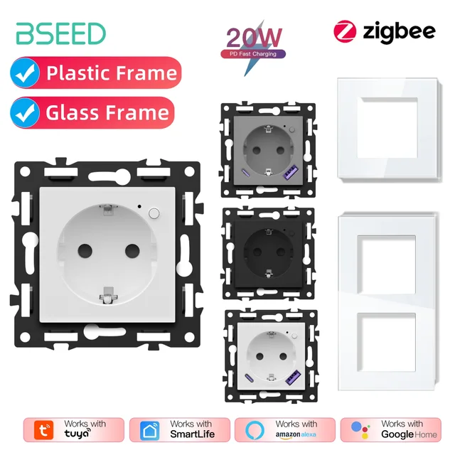 BSEED EU Smart Zigbee Socket Plastic/Glass Frame APP Control Power Electric Function Key Outlet Wall Socket For Smart Life