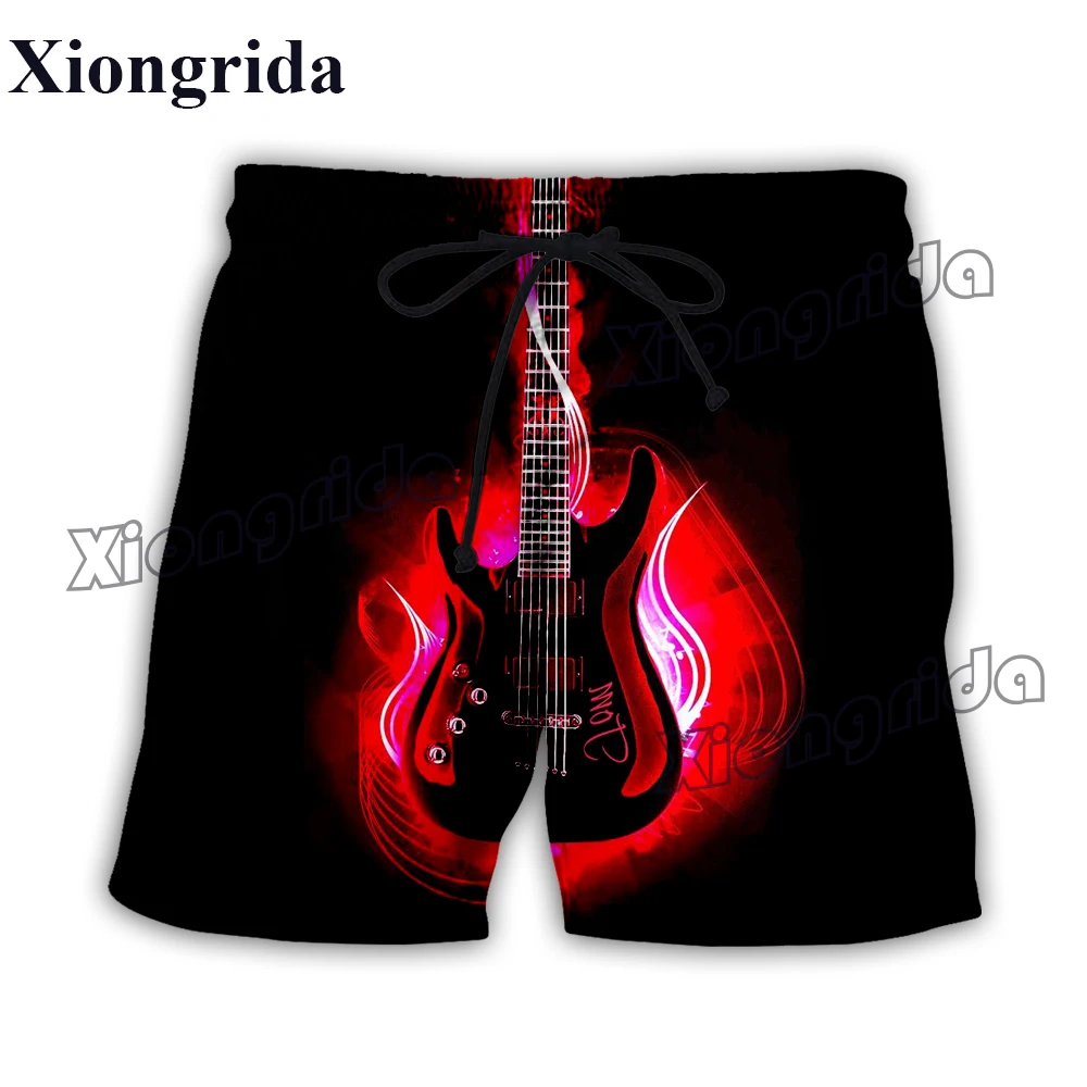 Summer Mens Guitar Print Shorts Guitar and Fire 3D Print Board Shorts Musical Instrument Beach Harajuku Swimming Trunks