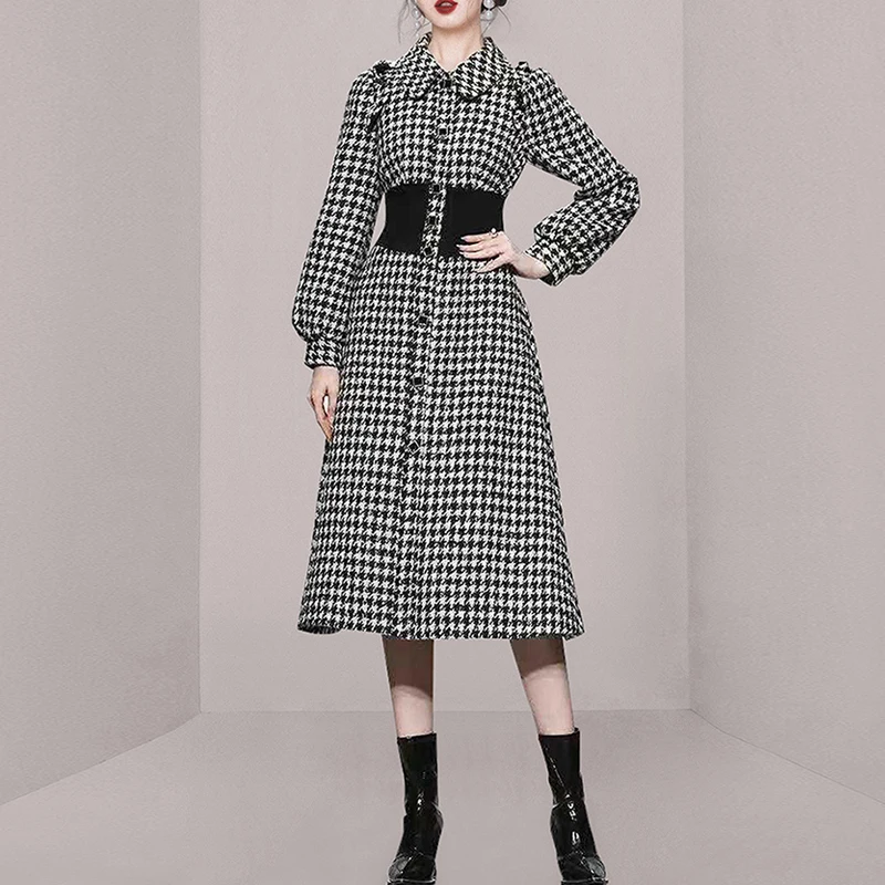 

Autumn and Winter 2023 Korean Version Woolen Coat Women's Medium Long Knee houndstooth Lapel Collar Slim Wool Coats