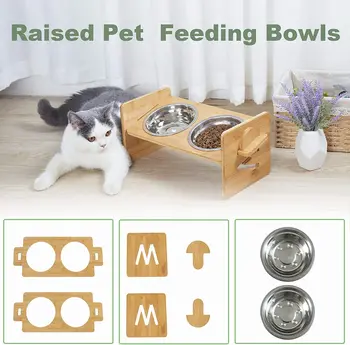 Raised Cat Bowls Wood Dog Cat Food Container Drinking Dish Bamboo Stand and Stainless Bowls Height Adjustable 5