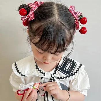 Fermaglio per capelli per ragazze con fiocco in stoffa rosso ciliegia, fiocco in pizzo scozzese, nastro, fragola, ciliegia, forcina per capelli, clip per frangia laterale Kawaii, copricapo