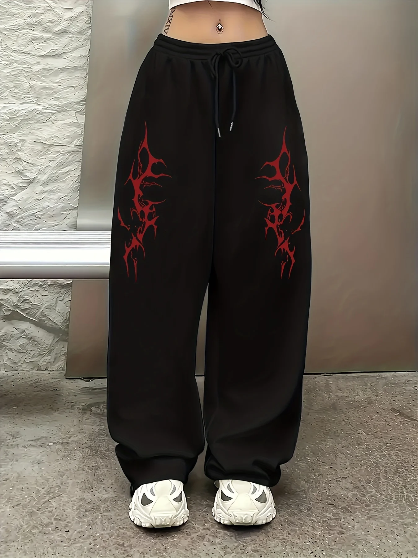 Women'S Casual Hip-Hop Street Style Printed Jogger Pants Loose Fit Drawstring Waist Cotton Knit Stretch Fabric