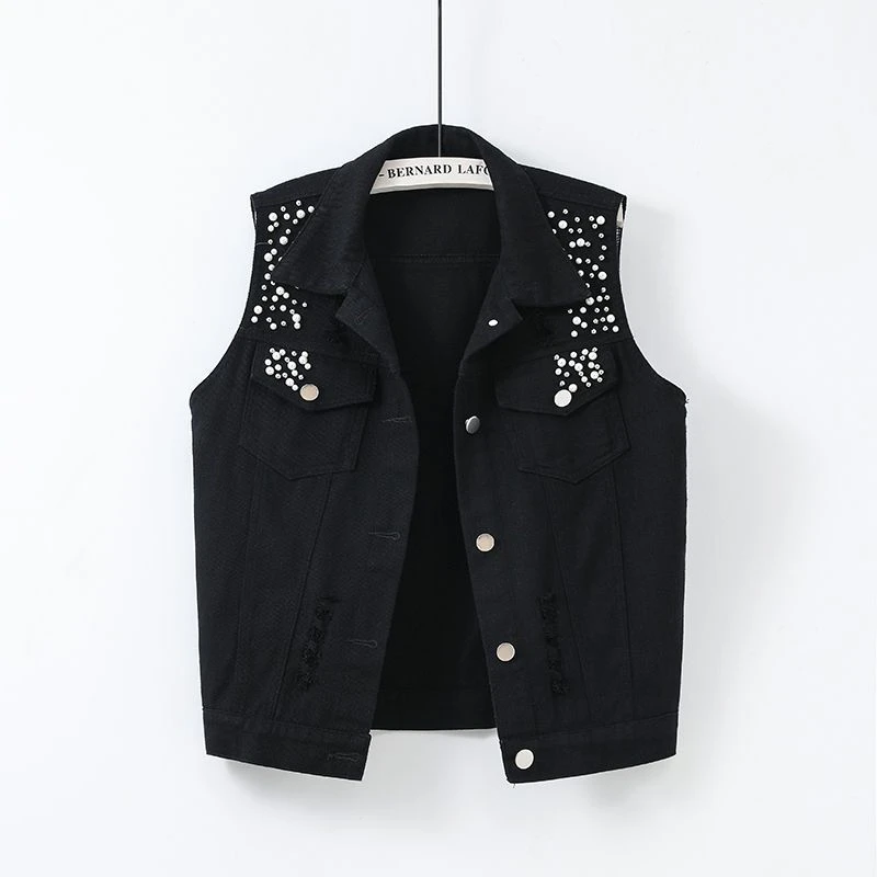 

Женский короткий джинсовый жилет с жемчужинами, повседневный облегающий черный или розовый жилет без рукавов белого цвета, весна-лето 2024
