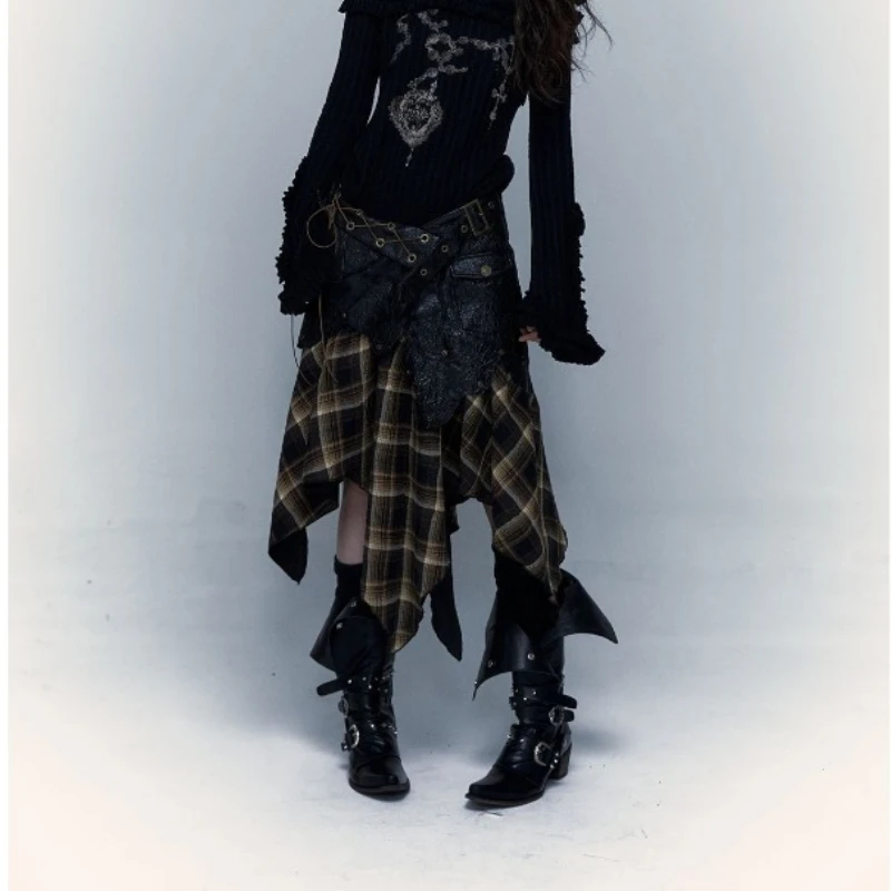 Women Dress Bustier Short Dresses Plaid Skirt Woman Clothing Patchwork Irregular Punk Sweet Vintage Streetwear Kawaii Sexy Skirt