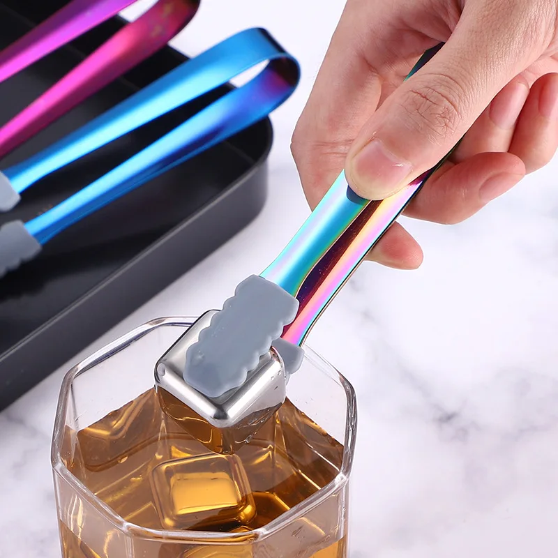 Silicone Head Stainless Steel Food Ice Cube Clip Non-Slip Mini Sugar Dessert Clamp Barbecue Bread Tongs Coffee Bar Utensils