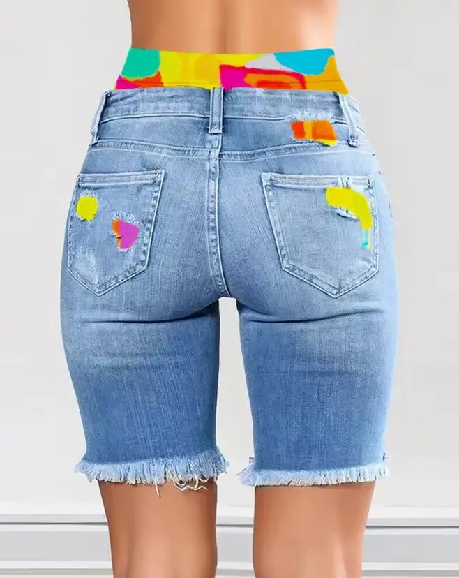 Young Girls 2024 Street Fashion Tie Dye Printed Split Pocket Design Casual High Waist Tight Denim Shorts Y2K