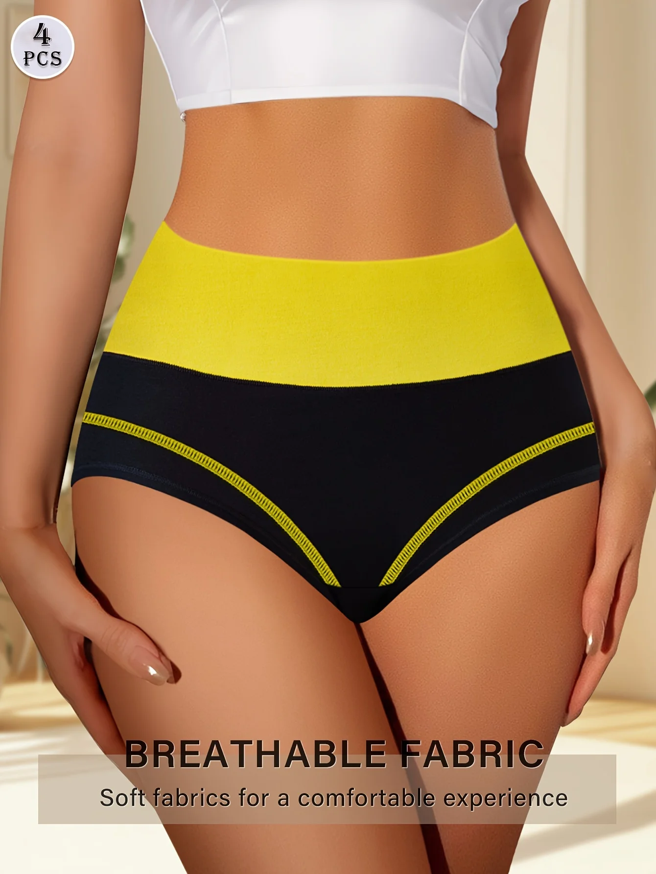 High Waisted Tummy Control Panties - 4pcs Breathable Cotton Triangle Underwear