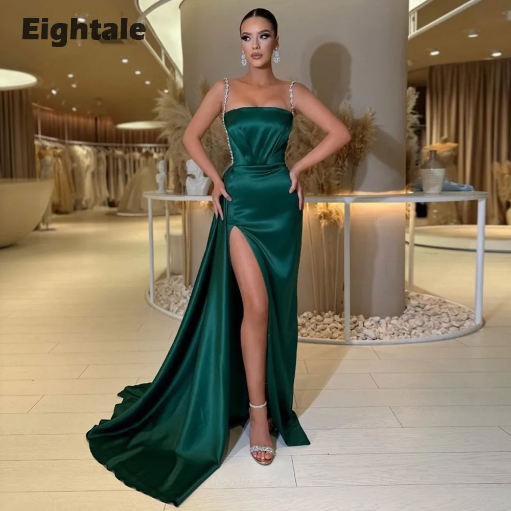 

Eightale Dark Green Evening Dresses Spaghetti Steap Beaded High Side Slit Sexy Prom Party Gowns Satin Mermaid Robe Femme Soirée