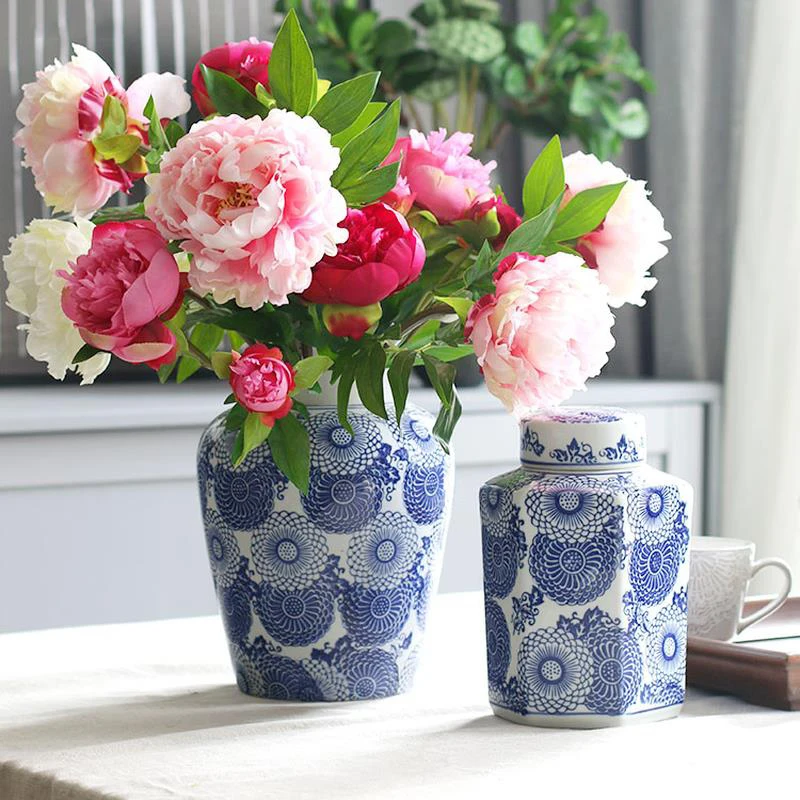 

Creative Blue Flower Vase Storage Jar with Lid Ornaments Hydroponic Ceramic Vase Sealed Storage Jar Home Decoration Accessories