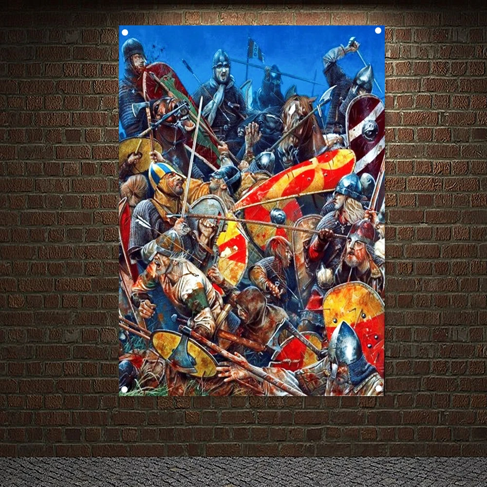 Knights Templar Battle Flag Banners Ancient Art Of War Medieval Warriors Poster Canvas Painting Vintage Wall Hanging Tapestry N5