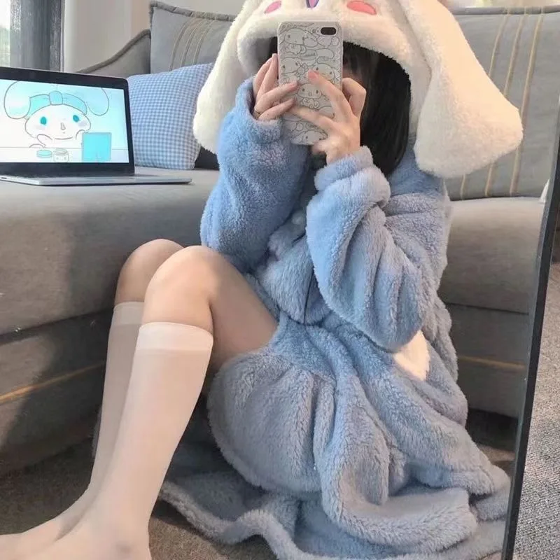 

Sanrio Pajamas Women Nightgown Cinnamoroll Girl Thicken Long Style Winter Autumn Home Kawaii Flannel Coral Fleece Student Gift