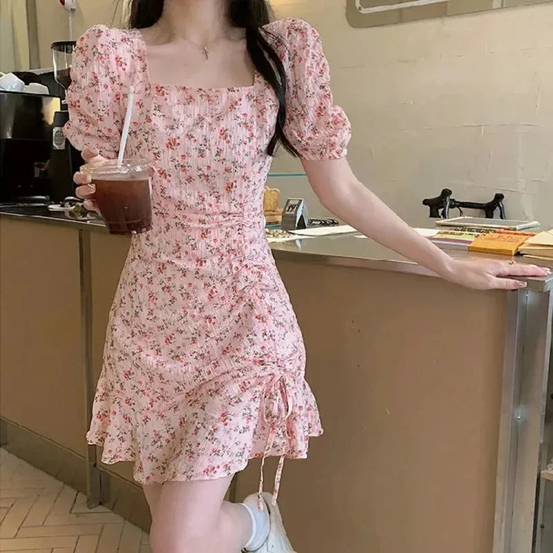 Sweet Pink Flowers Mini Dress Summer Vintage Shirring Female Clothing Elegant V-Neck Drawstring A-Line Waist Dresses