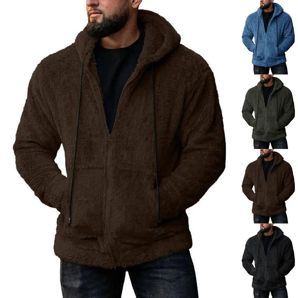Autumn Winter Men Casual Fleece Cardigan Hooded Zipper Jacket Fashion Male Warm Streetwear Drawstring Hooded Sweater