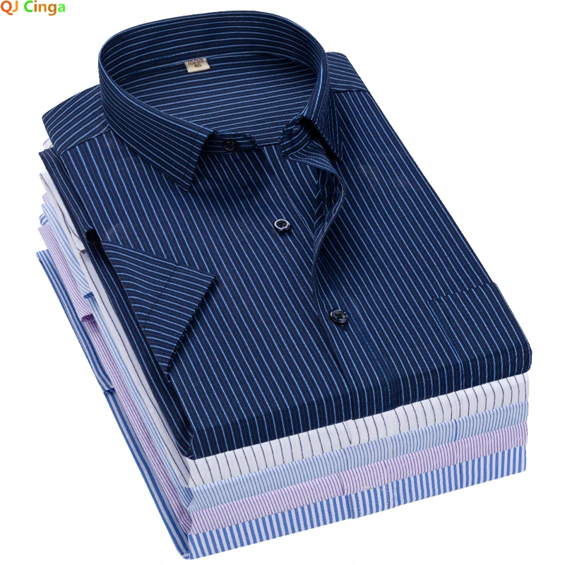 Men Summer Vertical Striped Short-sleeved Cotton Shirt Single-breasted Square Collar Shirt Left Chest Pocket