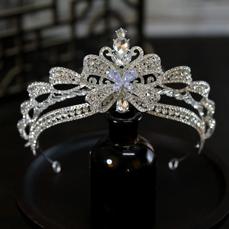 Luxury Silver Color Crystal Bow Knot Bridal Tiaras Crown Rhinestone Pageant Diadema Collares Headpieces Wedding Hair Accessories