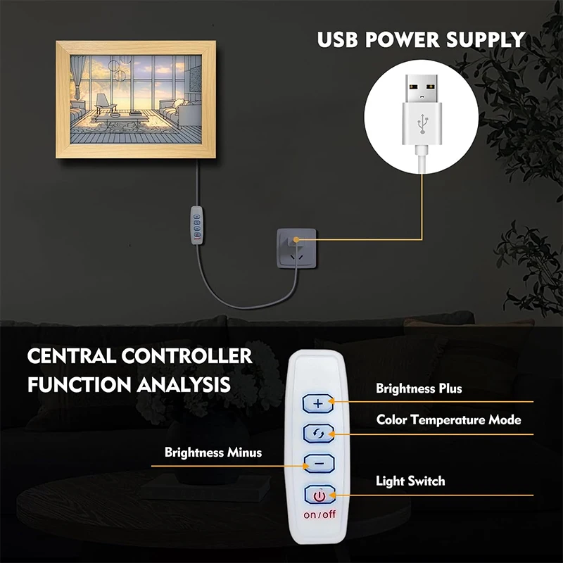 장 LED 조명 페인팅 USB 플러그, 조광 벽 아트워크 테이블 램프 선물, 실내 햇빛 창 나무 사진 야간 발광