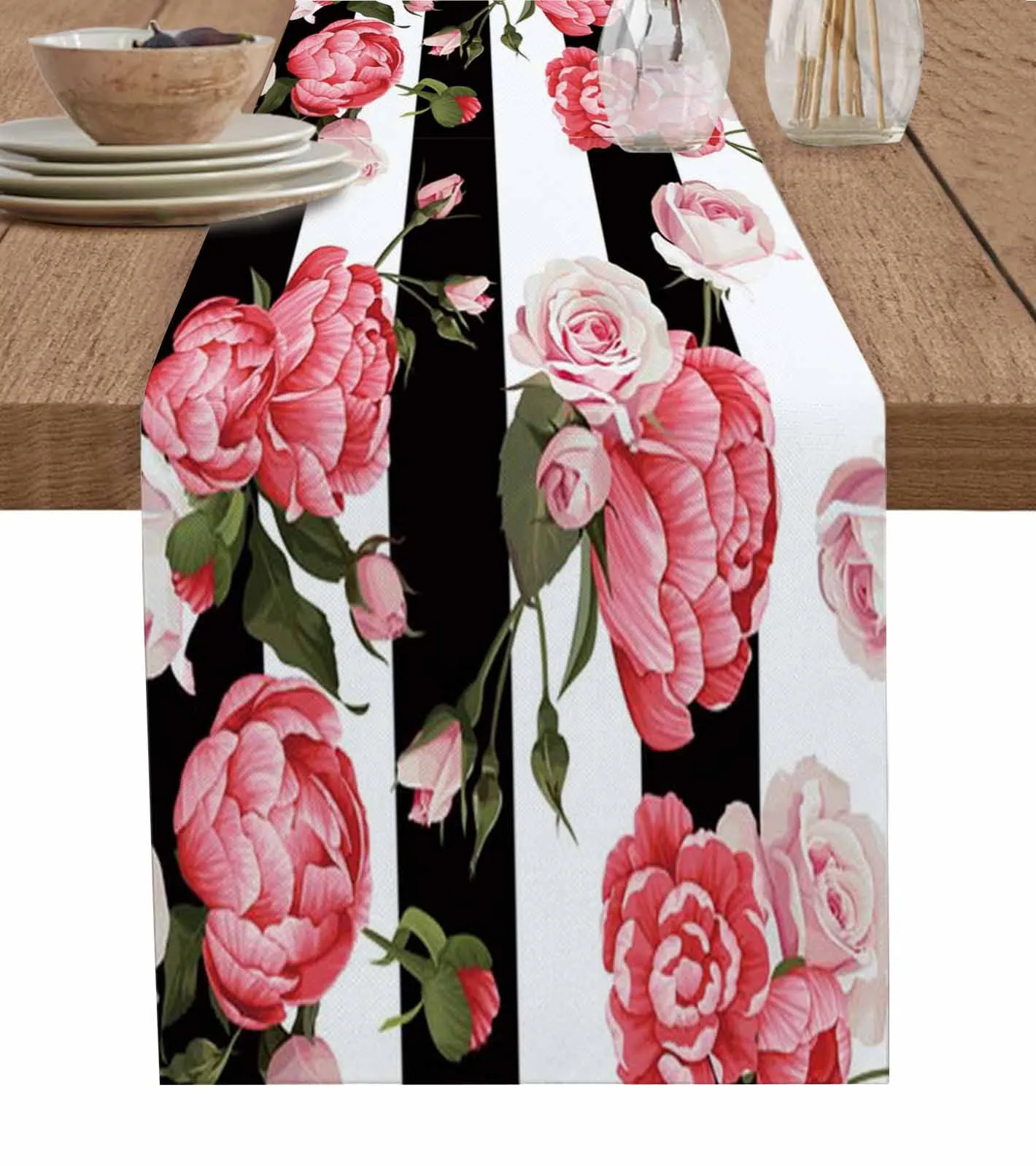 

Peony Rose Pink Flower Black And White Stripes Linen Table Runner Kitchen Table Decoration Dining Tablecloth Wedding Party Decor