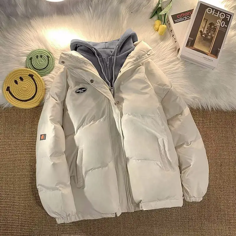 

Winter Warm Cotton Clothes Female Fake Two Fashion American Casual Multi-function Pocket Zipper Down Hooded Couple Jacket Cotton