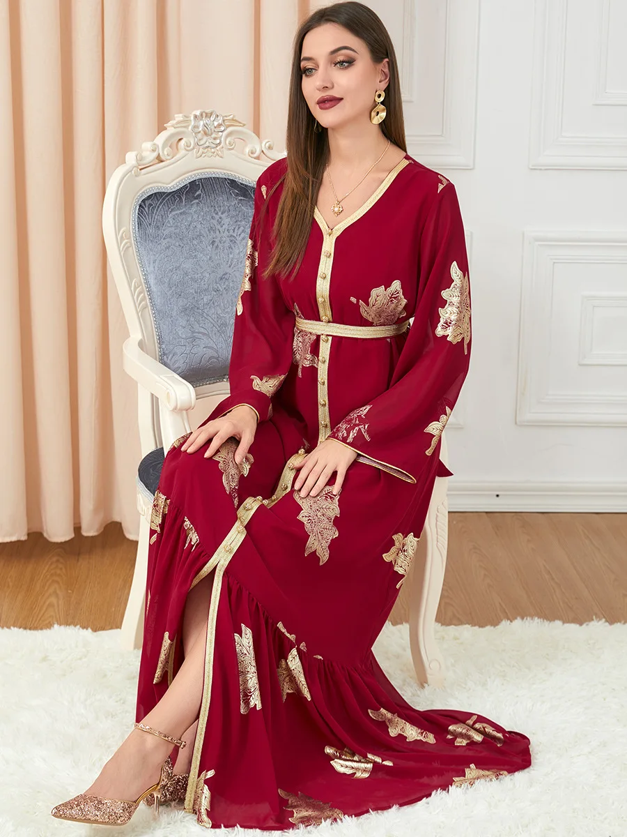 Party Dresses For Women Dubai 2023 Printed Long Sleeve V-Neck Button Muslim Dress Trim Belted Kaftan Split Hem Clothes For Women
