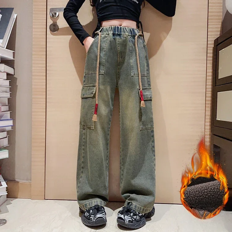 

Teens Girls Jeans 2024 Winter Fleece Thick Warm Cargo Pants Casual Straight Wide Leg Jeans for Kids 4-15 Years Children Trousers