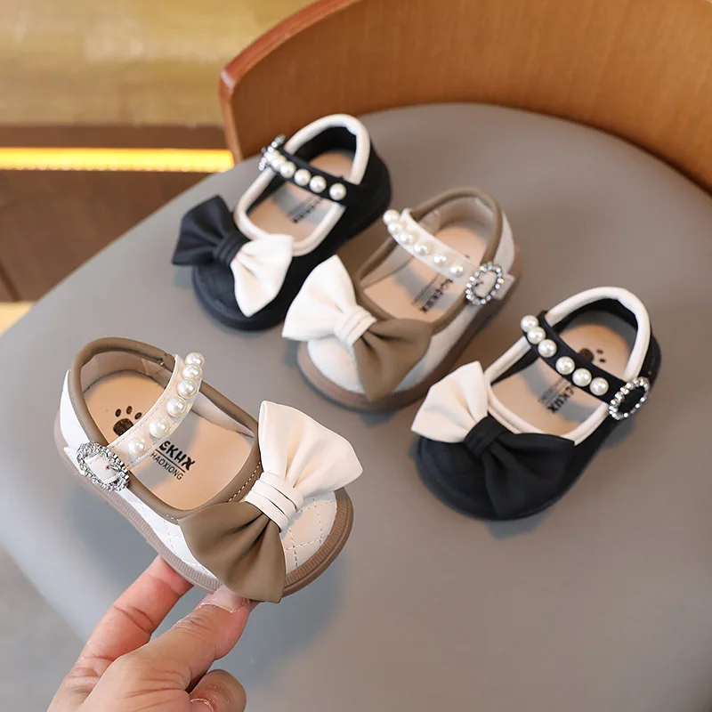 

Girls Mary Jane Shoes with Bow-knot Fashion Kids Pearls Princess Shoes for Party Wedding Children Leather Shoes Non-slip