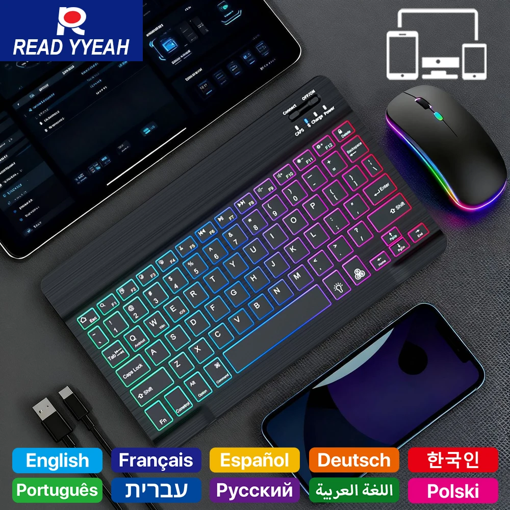 2026 Xiaomi iPad/iOS 안드로이드 윈도우 태블릿 폰용 휴대용 블루투스 백라이트 키보드 마우스가 있는 무선 키보드 스페인어