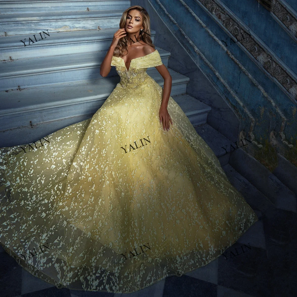 

YALIN Charming Pricness Red Carpet Dresses Sweep Train Off The Shoulder Prom Yellow 3D Appliques Flowers Evening Gown