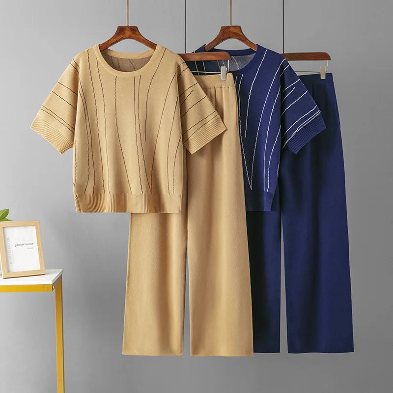

Fashion Casual Women's Pants Suit Summer New Round Neck Striped Short Sleeve Shirt Loose Wide-leg Pants Two Piece Set Women 2023