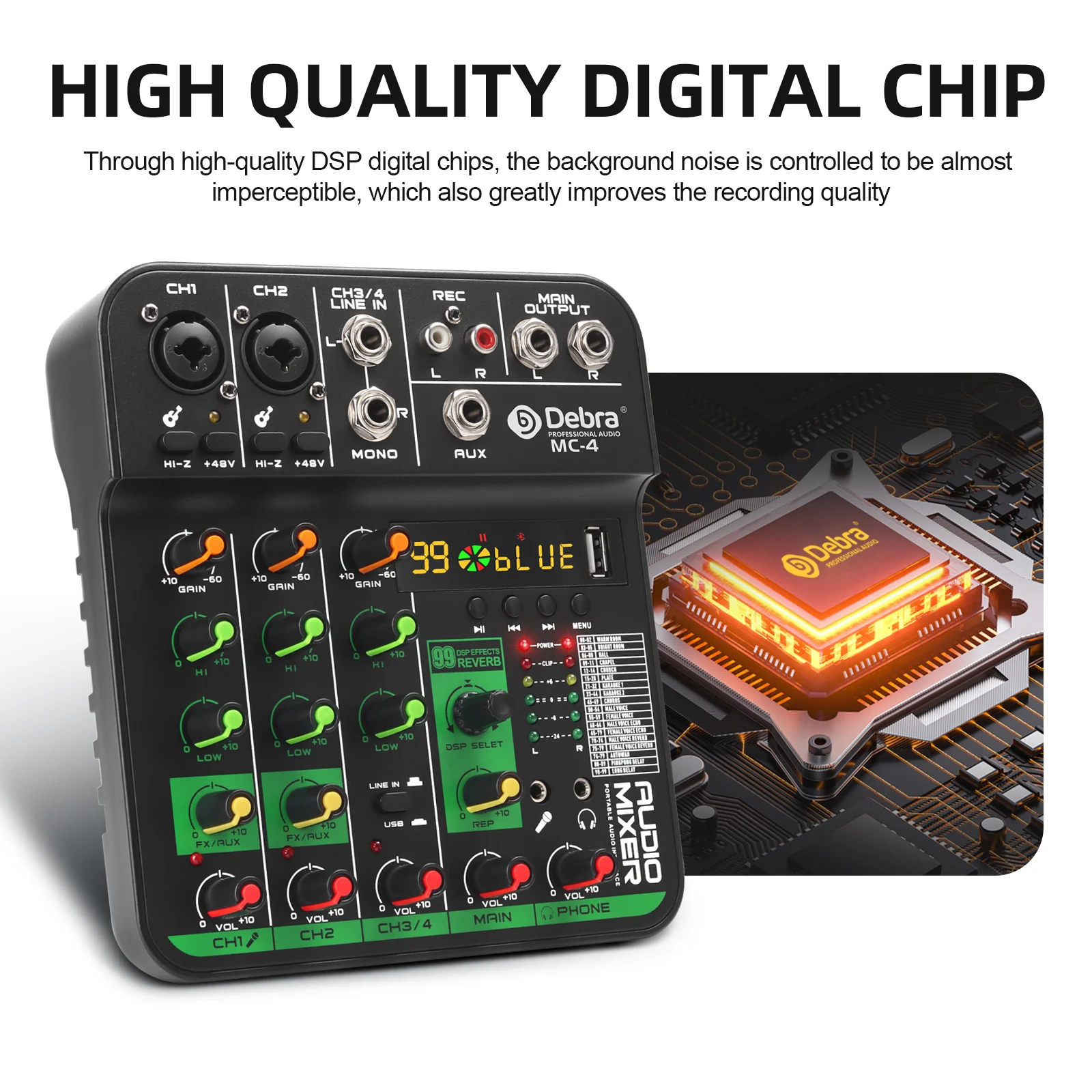 Debra MC-4 4 Channel Audio Mixer Bluetooth 5.0 99 DSP Reverb for Live Streaming