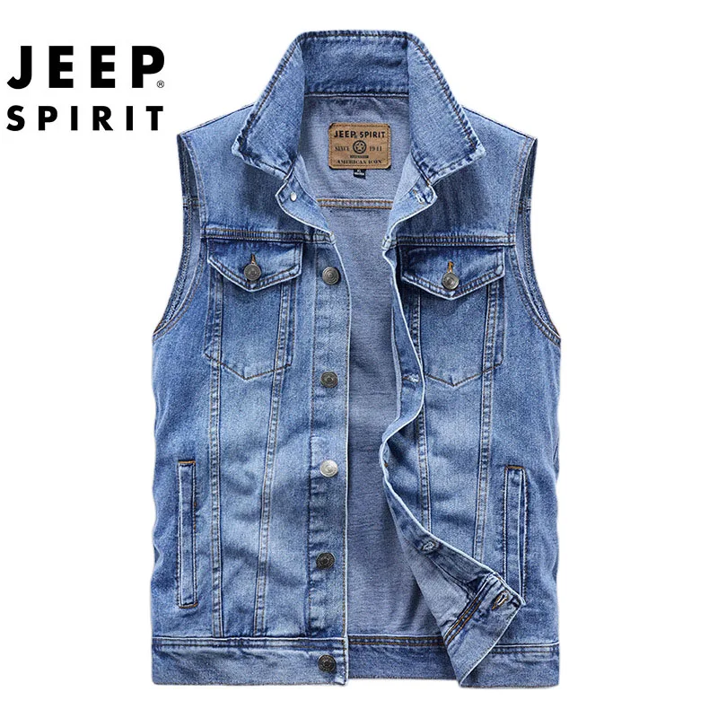 JEEP SPIRIT men denim vests spring autumn new fashion stand collar