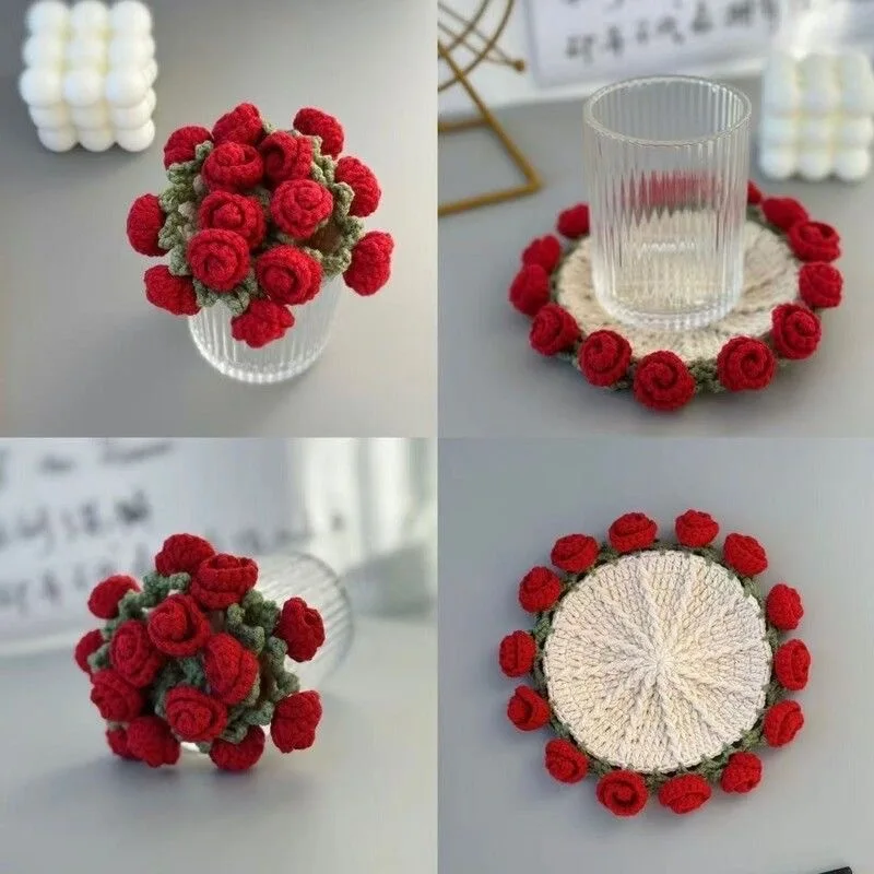 1 PC Handmade Yarn Crochet Rose Coasters, Finished Insulation Pads, Desktop Ornaments, Creative Crochet Holiday Gifts