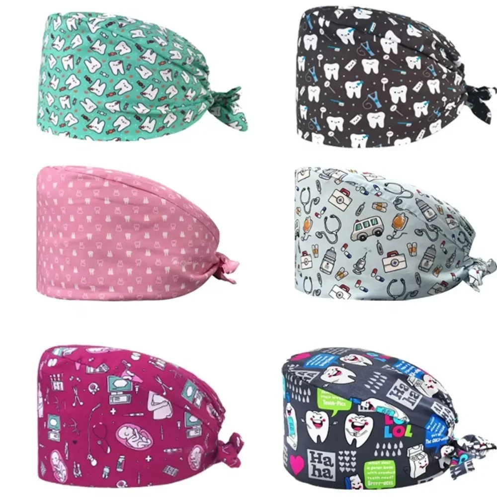 Cartoon Doctor Operating Room Pattern Printed Nursing Head Cap Lab Scrub Pet Hospital Surgical Hat Unisex Dentist Scrub Cap