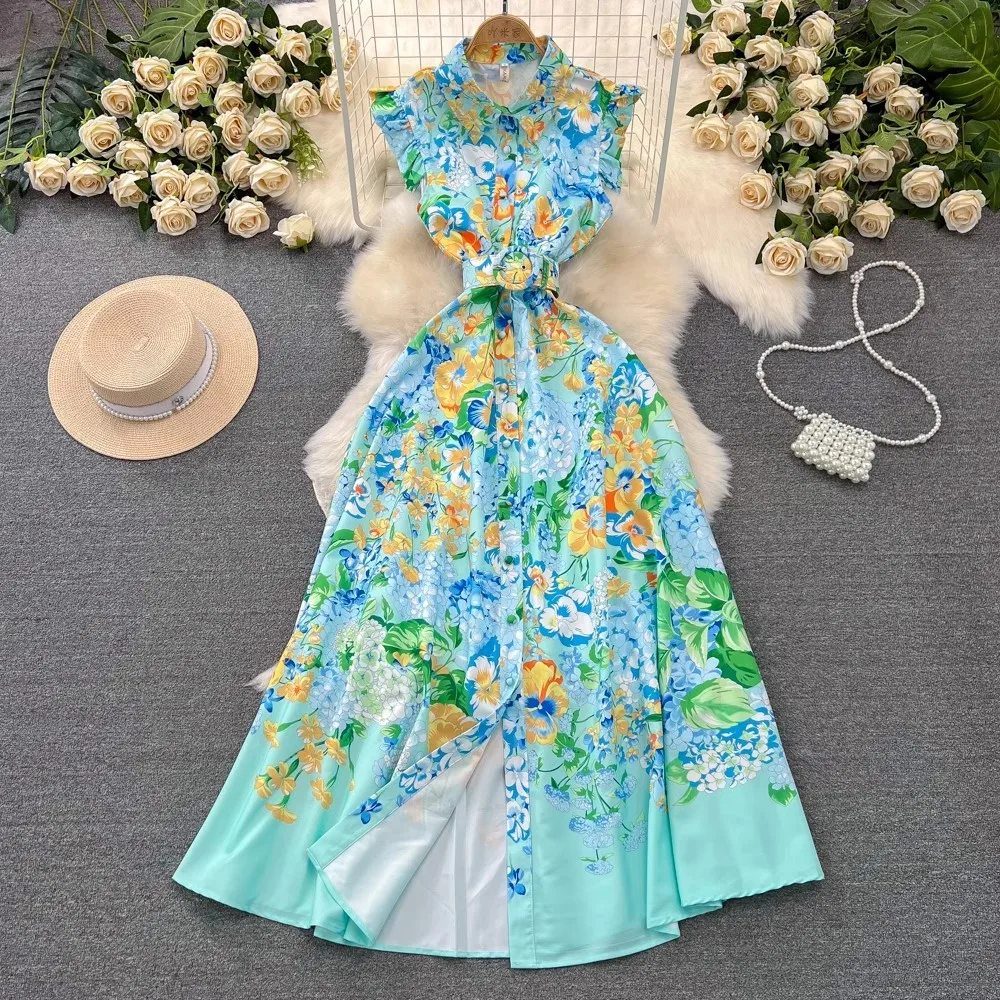 

2024 New Summer Women Print Palce StyleTurn Down Collar Flying Sleeve Belt Single Breasted Boho Beach Holiday Dresses