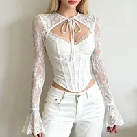 Chemise à manches longues en dentelle pour filles, douce et épicée, Design Sensation, coupe cintrée, haut court ajouré, chemise de Base transparente 2