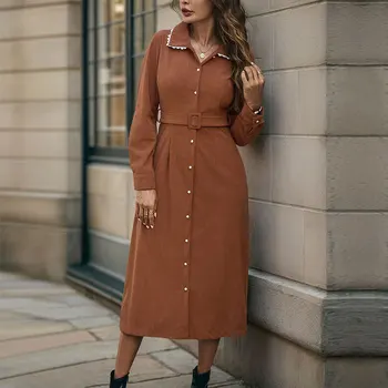 Abiti lunghi allentati casuali di colore solido per le donne 2025 Abito longuette a-line da donna di moda autunno eleganti abiti femminili vintage 1