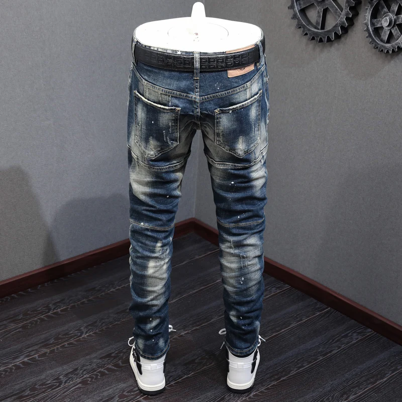Street Fashion Men Jeans Retro Blue Elastic Stretch Slim Fit Ripped Jeans Men Spliced Designer Hip Hop Denim Biker Pants Hombre