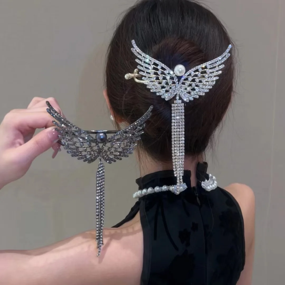 VANIKA Full Rhinestone Angel Wing Hair Clip Elegant Tassel Hairpins Ponytail Bun Headbands For Women Girls summer accessories
