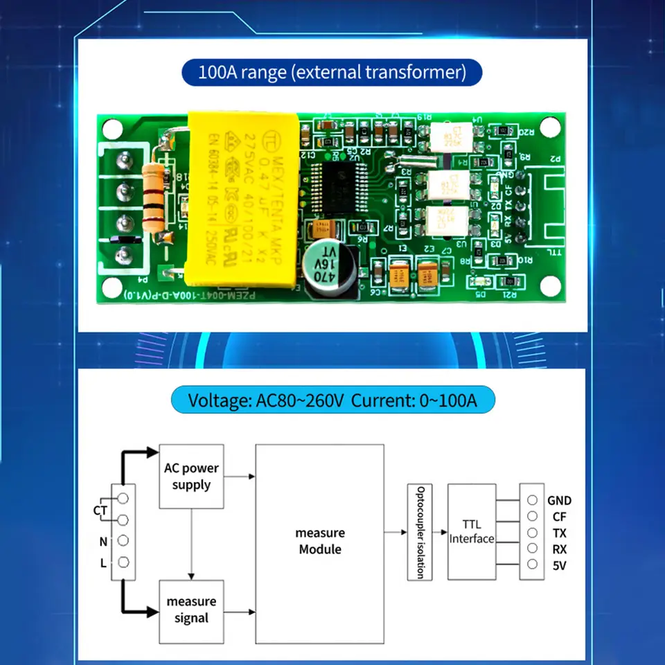 PZEM-004T 100A AC 80-260V Digital Voltmeter Ammeter Wattmeter Digital Multifunctional Test Pulse Communication TTL Serial Module image 2