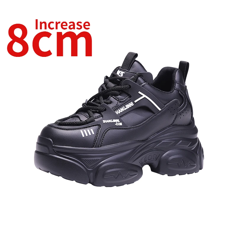 

European Street Style Design Shoes for Women Genuine Leather 8cm Heightening Dad's Shoes Thick Sole Elevator White Shoes Women's