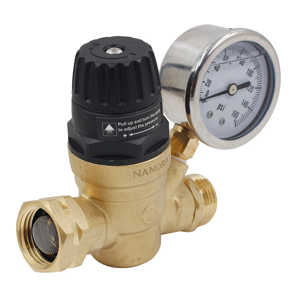 3/4 Inch Pressure Reducing Valve Compact RV Pressure Reducer Valve with Gaug and 2 Filters for Camper/Garden Hose/Travel Trailer