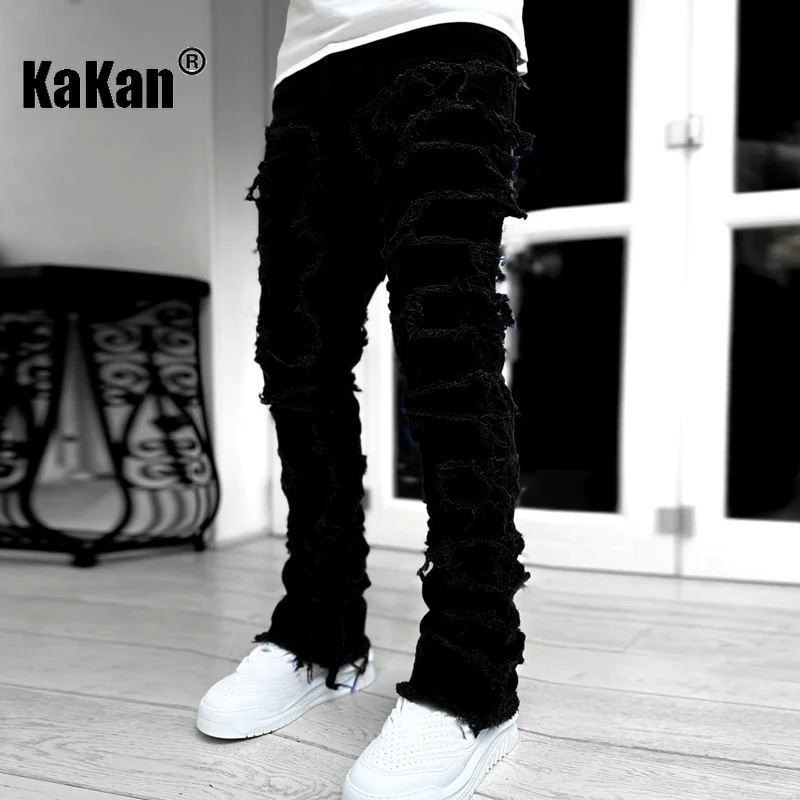 Kakan - New European and American Men's Street Stretch Patch Jeans, High Street Straight Leg Long Worn Jeans for Men's Wear