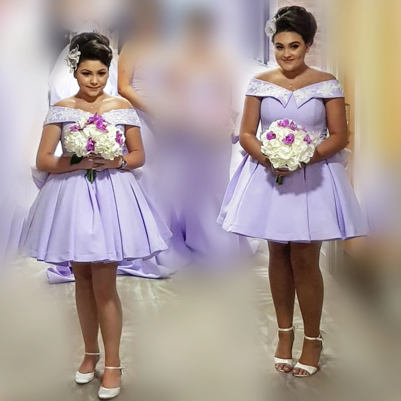 

Mini Lilace Cap Sleeve Bridesmaid Dress Lovely Off Shoulder Ruffles Lace Appliques Wedding Party Gown Zipper Vestidos Para Bodas