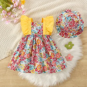 New girls' summer dress adorned with flowers, sleeveless children's clothing in a rustic style with a free hat (9 months - 3 years)