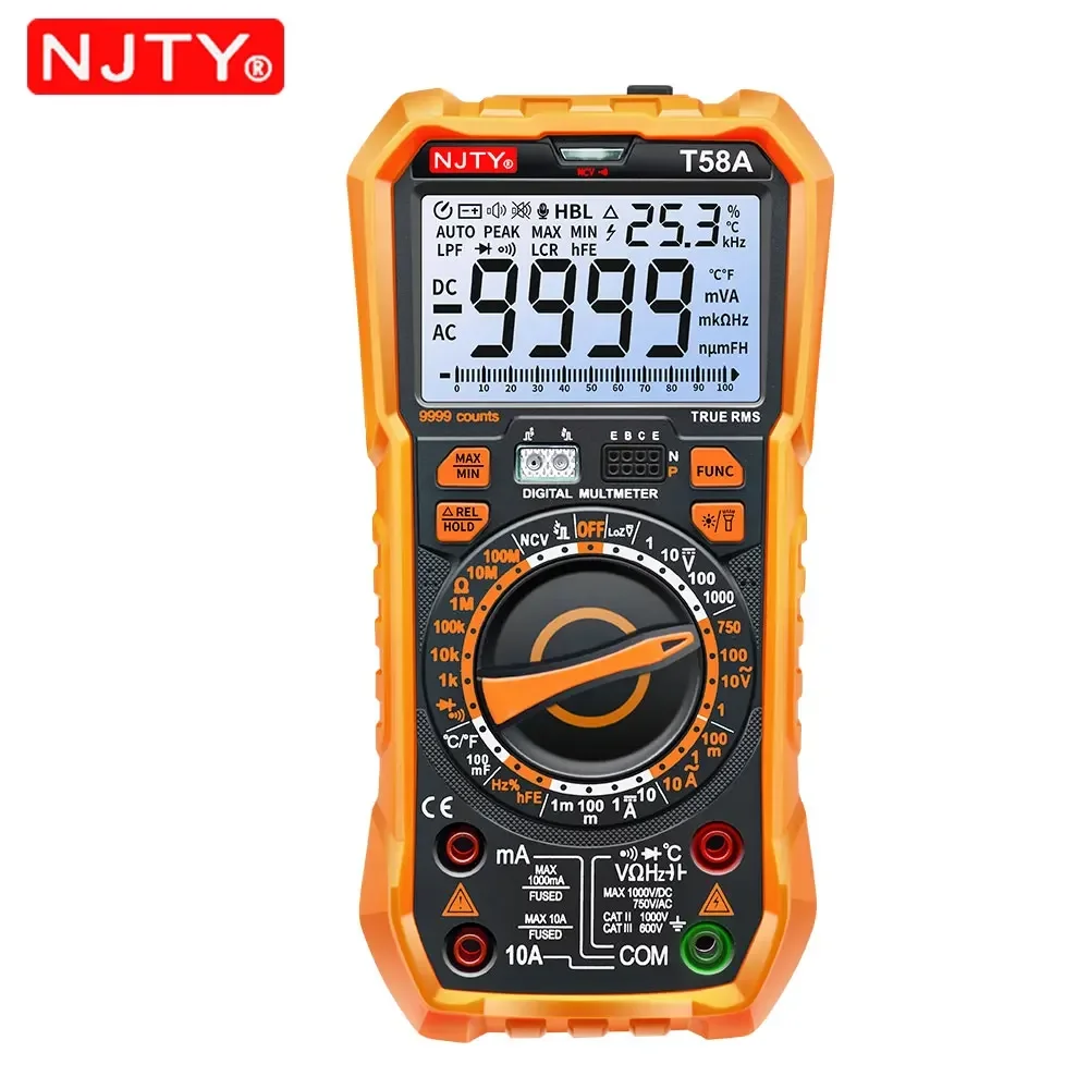 NJTY T58A/T58B NCV 디지털 멀티미터 9999 카운트 자동 범위 AC/DC 전압계 대형 스크린 백라이트 손전등 멀티미터 테스터