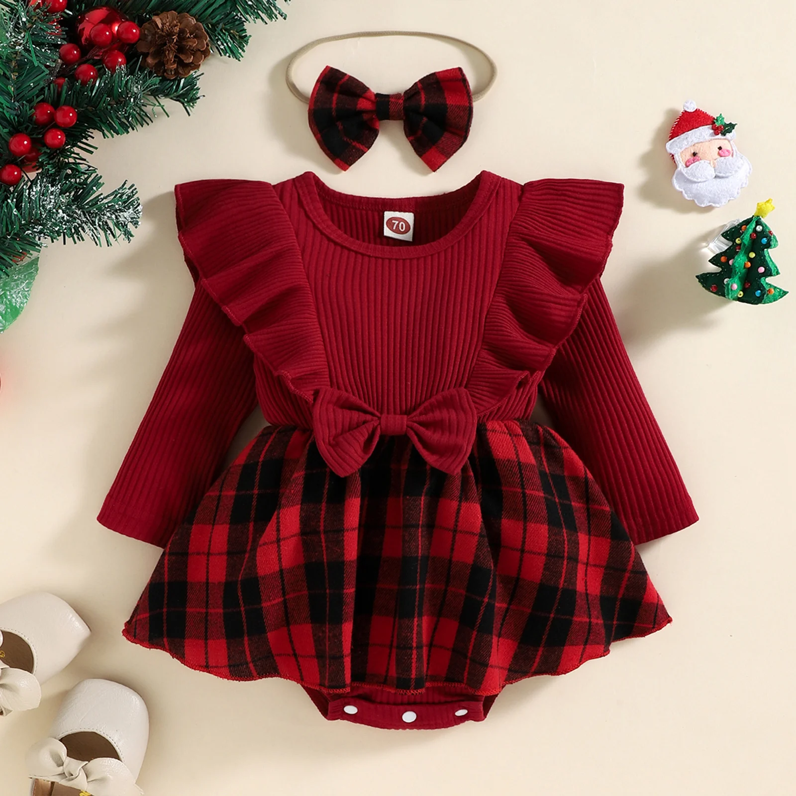 Ma&Baby 0-24M Christmas Girl Romper Infant Baby Knit Ruffle Long Sleeve Bow Jumpsuit