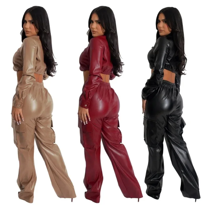 Women Pu Leather Slim 2 Piece Set Autumn Winter Turtleneck Zipper Chest Wrap Crop Top High Waist Pants Hipster Streetwear Outfit