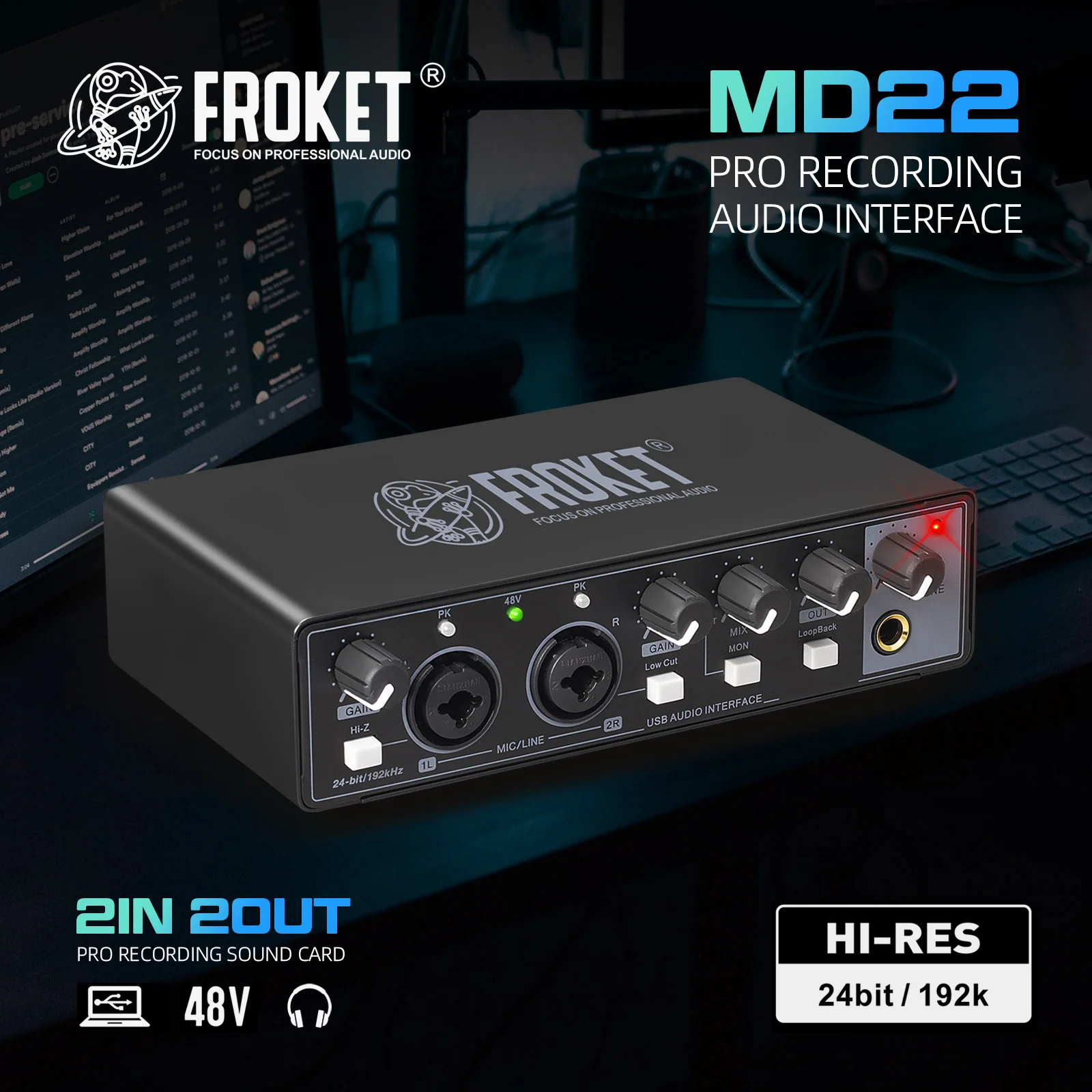 

FROKET Audio Interface Sound Card 24-bit/192KHz AD Converter, MD22 Professional Sound Card Electric Guitar Live Recording